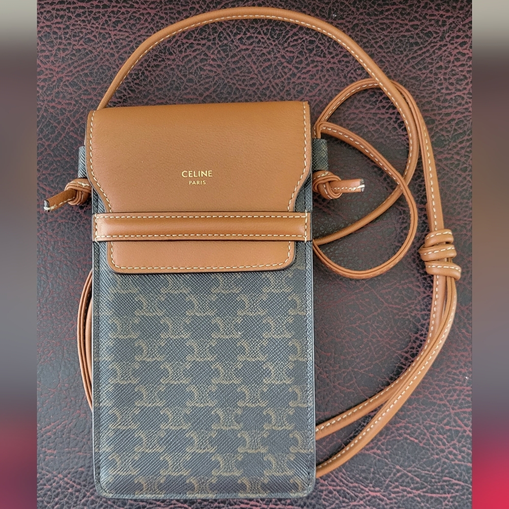 CELINE PHONE POUCH WITH FLAP IN TRIOMPHE CANVAS AND TAN LAMBSKIN